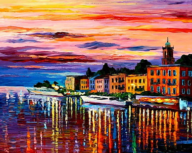 kolorowe, malarstwo, dzieło sztuki, budynek, woda, odbicie, dom, łódź, kościół, Leonid Afremov, Jezioro Como, Bellagio, Włochy, Tapety HD HD wallpaper