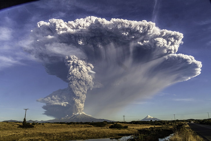 Calbuco Volcano, Chile, Eruptions, field, landscape, Lava, mountain, nature, Puerto Montt, road, smoke, Snowy Peak, UFOs, volcano, HD wallpaper