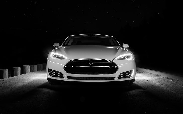 бяла Tesla Model S, кола, Tesla S, нощ, Tesla Motors, HD тапет