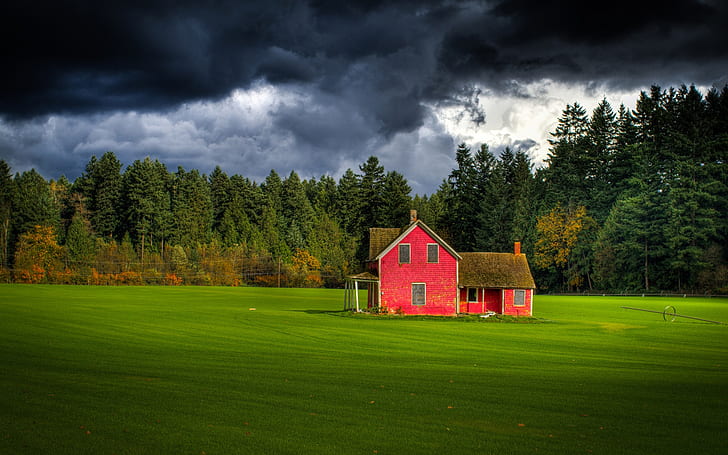 Canada, British Columbia, cloudy sky, forest, farm, red house, Canada, British, Columbia, Cloudy, Sky, Forest, Farm, Red, House, HD wallpaper