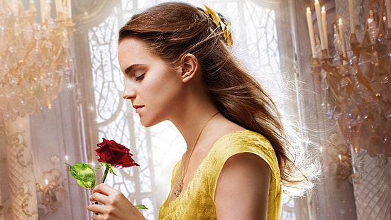 Emma Watson, Piękna i Bestia, kobiety, filmy, aktorka, kwiaty, róża, sukienka, żółta sukienka, widok z boku, profil, Tapety HD HD wallpaper