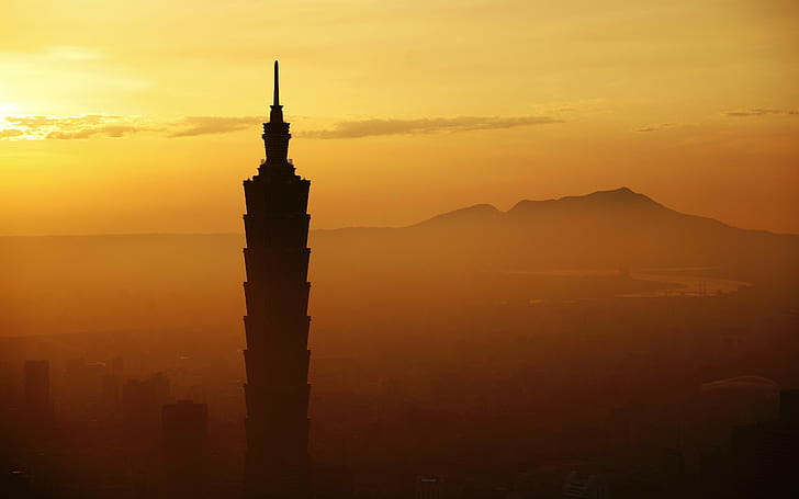 architektura, Tajwan, zachód słońca, miasto, wieżowiec, Tajpej, budynek, Taipei 101, pejzaż miejski, fotografia, mgła, Tapety HD