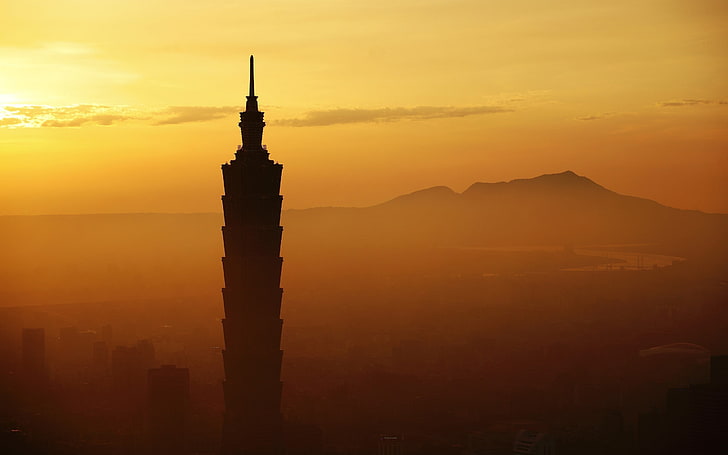 czarno-biały drewniany stół, Taipei 101, architektura, pejzaż miejski, miasto, budynek, zachód słońca, Tajpej, Tajwan, fotografia, mgła, wieżowiec, Tapety HD