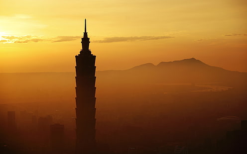 Schwarz-Weiß-Holztisch, Taipei 101, Architektur, Stadtbild, Stadt, Gebäude, Sonnenuntergang, Taipei, Taiwan, Fotografie, Nebel, Wolkenkratzer, HD-Hintergrundbild HD wallpaper