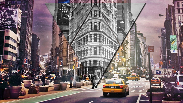 żółty samochód, Nowy Jork, New York Taxi, ulica, miasto, trójkąt, sztuka cyfrowa, fiolet, gwiazdy, Tapety HD