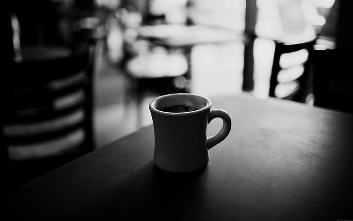 кружка на столе, настроение, кофе, чашка, кафе, черно-белое, HD обои