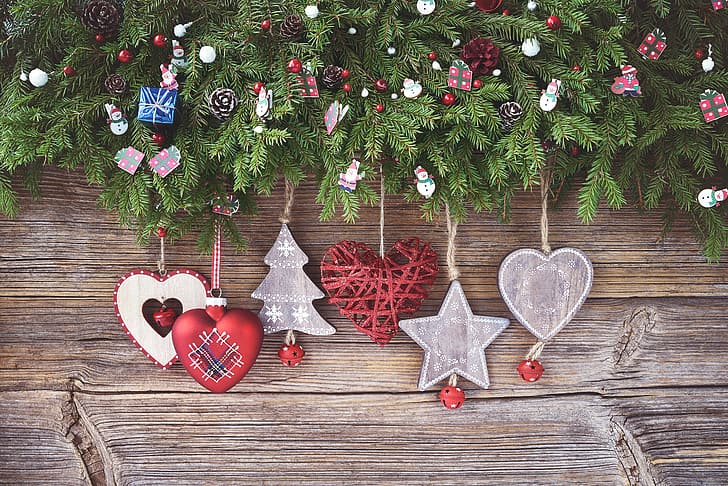 decoration, heart, New Year, Christmas, wood, Merry, fir tree, fir-tree branches, HD wallpaper