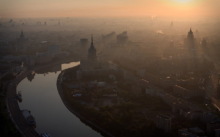bangunan bertingkat tinggi, lanskap kota, Moskow, kabut, kota, perkotaan, Wallpaper HD