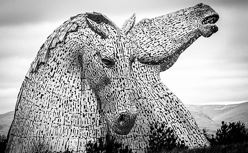 Kelpies Sculpture, two gray horse head statues, Black and White, Scotland, Canal, Scott, Central, Andy, unitedkingdom, andyscott, clyde, falkirk, forth, forthandclydecanal, grangemouth, kelpies, HD wallpaper HD wallpaper