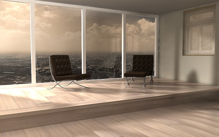 deux chaises noires, salle, chaise, revêtement de sol, fenêtre, intérieur, Fond d'écran HD