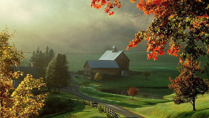 秋の素敵な農場、緑の家の絵の納屋、池、農場、道路、秋、自然と風景、 HDデスクトップの壁紙