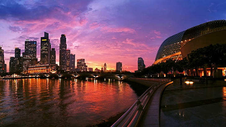 Beira-mar de Singapura No pôr do sol, arena, beira-mar, ponte, cidade, arranha-céus, natureza e paisagens, HD papel de parede