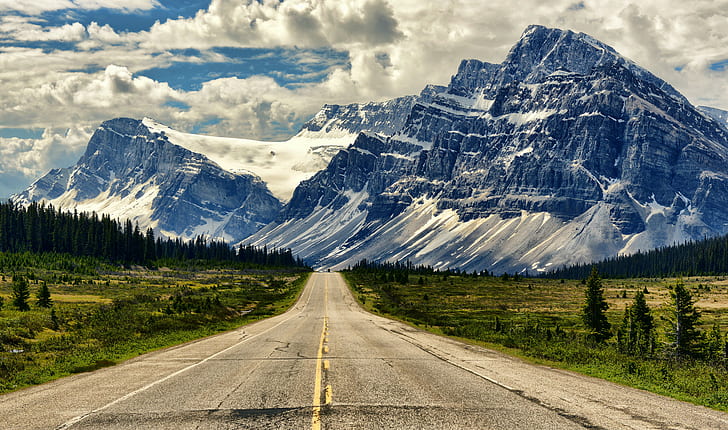път, пейзаж, планини, Канада, Алберт, Национален парк Банф, Алберта, Банф, Icefields Parkway, HD тапет