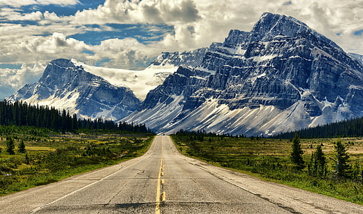 дорога, пейзаж, горы, канада, альберт, национальный парк банф, альберта, банф, бульвар ледяных полей, HD обои HD wallpaper