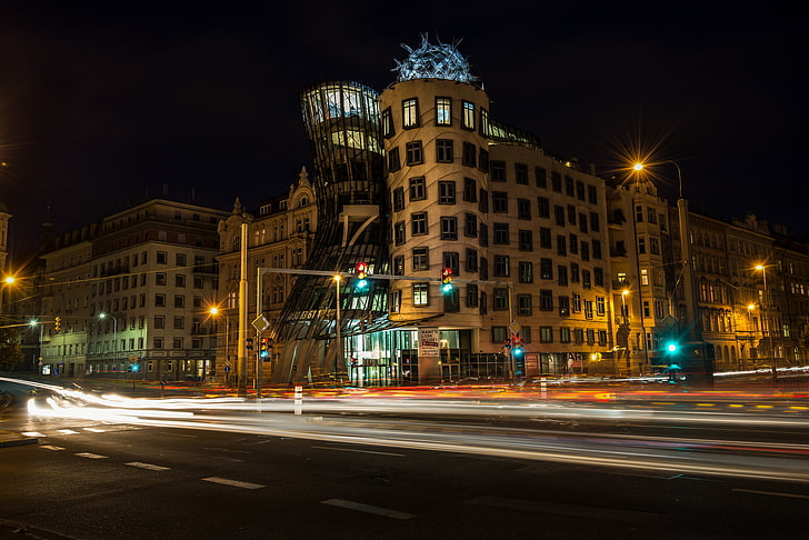 night, lights, Prague, Czech Republic, the dancing house, HD wallpaper