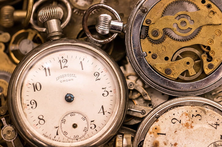 clocks, old, technology, gears, vintage, clockwork, pocketwatches, Ingersoll, HD wallpaper