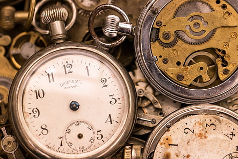 clocks, old, technology, gears, vintage, clockwork, pocketwatches, Ingersoll, HD wallpaper HD wallpaper