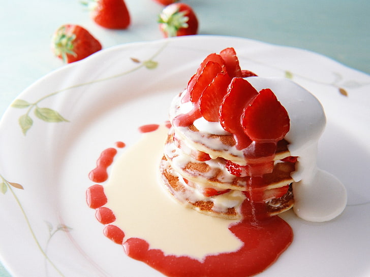 food, sweets, strawberries, pancakes, HD wallpaper