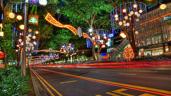 noel ışıkları, yol, şenlik, akşam, singapur, noel, turistik, noel dekorasyon, şehir, uzun pozlama fotoğrafçılık, aydınlatma, asya, gece, ışık, meyve bahçesi yolu, işaret, ağaç, sokak, uzun pozlama, HD masaüstü duvar kağıdı HD wallpaper