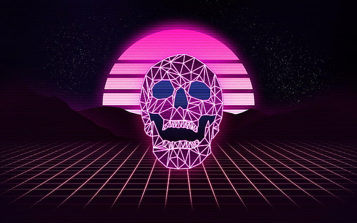 skull, neon, synthwave, digital art, HD wallpaper