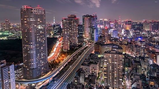 tokyo, paysage urbain, japon, asie, métropole, gratte-ciel, ligne d'horizon, nuit, centre ville, bâtiments, Fond d'écran HD HD wallpaper