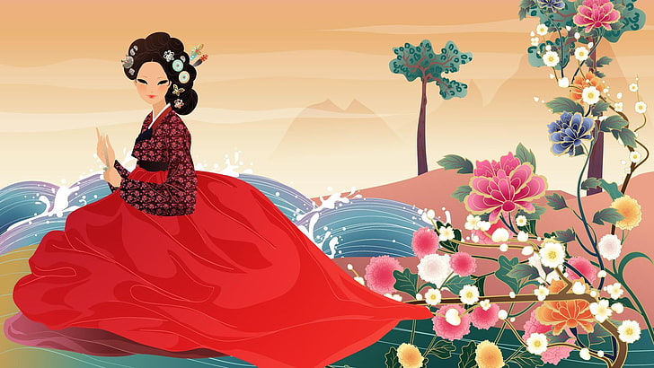 air, gadis, bunga, kipas, seni, Asia, hanbok, Wallpaper HD