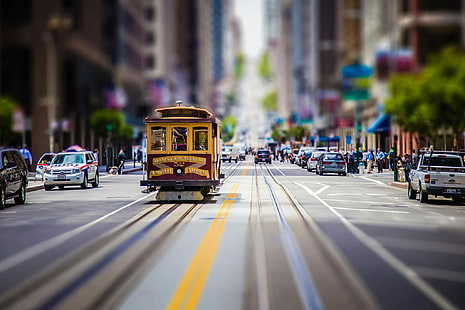 Blurred, building, car, city, Cityscape, San Francisco, street, Tilt Shift, Tram, HD wallpaper HD wallpaper