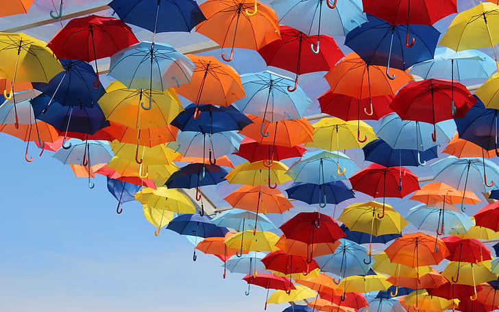 Colorful umbrellas in the sky, Colorful, Umbrellas, Sky, HD wallpaper