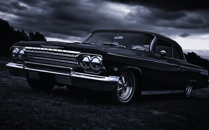 black Chevrolet coupe, car, vehicle, dark, Oldtimer, clouds, Chevrolet, 1960 Chevrolet Impala, HD wallpaper