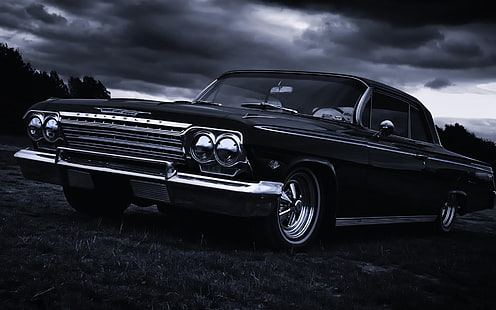черен Chevrolet купе, кола, превозно средство, тъмно, Oldtimer, облаци, Chevrolet, 1960 Chevrolet Impala, HD тапет HD wallpaper