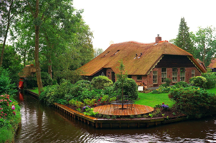 árboles, flores, diseño, casa, césped, jardín, canal, Países Bajos, los arbustos, agua, Giethoorn, Fondo de pantalla HD
