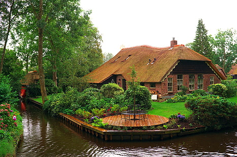 alberi, fiori, design, casa, prato, giardino, canale, Paesi Bassi, cespugli, acqua, Giethoorn, Sfondo HD HD wallpaper