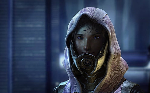 mulher vestindo papel de parede digital capuz roxo, Mass Effect, Mass Effect 2, Mass Effect 3, Tali'Zorah, videogames, render, CGI, HD papel de parede HD wallpaper