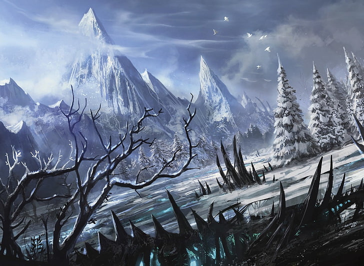 pintura de montaña cubierta de nieve, arte de fantasía, Magic: The Gathering, Fondo de pantalla HD
