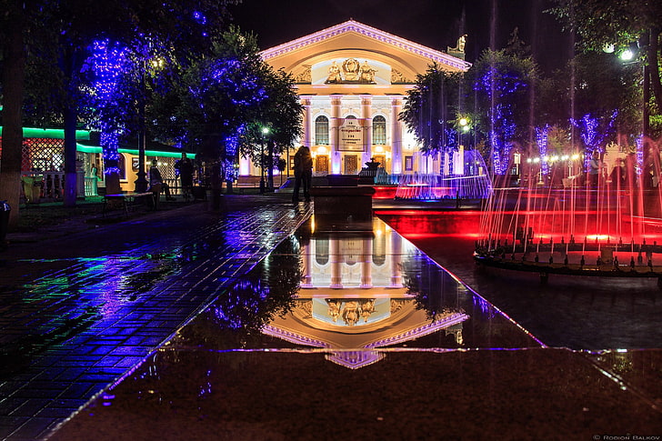 the city, fountain, Russia, Theatre square, Kaluga, The Kaluga regional drama theatre, HD wallpaper