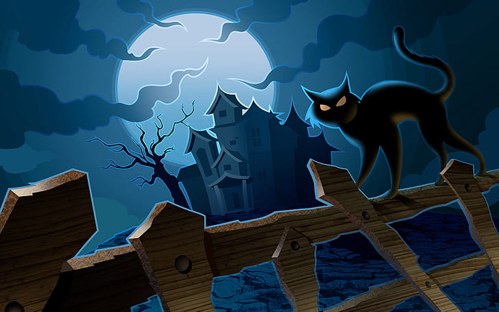 Halloween, vacaciones, gato, valla, castillo, luz de la luna, dibujos  animados, Fondo de pantalla HD | Wallpaperbetter