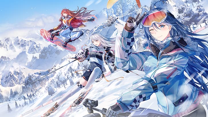 skiing, winter, anime girls, Ski, ski jump, anime, mountain chain, blue hair, white hair, HD wallpaper