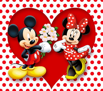 Mickey and Minnie Mouse, röd, kärlek, hjärta, tecknad film, disney, romantik, prickar, minnie, mickey, HD tapet HD wallpaper