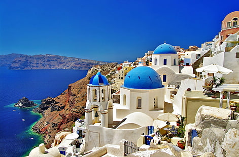 Towns, Santorini, Greece, Town, Water, HD wallpaper HD wallpaper