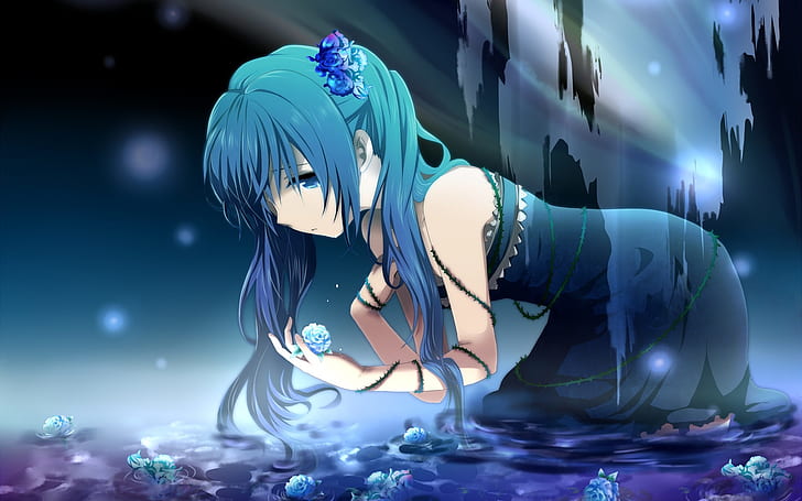 Hatsune Miku, ragazza anime in acqua, fiori, rose, Hatsune, Miku, anime, ragazza, acqua, fiori, rose, Sfondo HD