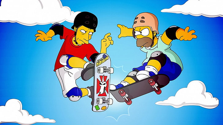 Иллюстрация Симпсонов, Симпсоны, Гомер Симпсон, мультфильм, скейтбординг, Тони Хок, HD обои