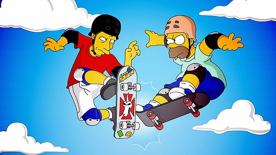 The Simpsons illustration, The Simpsons, Homer Simpson, cartoon, skateboarding, Tony Hawk, HD wallpaper HD wallpaper