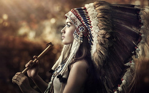 brown and white headdress, headdress, women, profile, feathers, HD wallpaper HD wallpaper