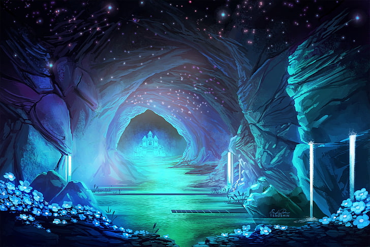 grotte avec papier peint numérique de l'eau, Undertale, cascade, Fond d'écran HD