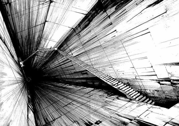 Kunstwerk, Tsutomu Nihei, Schuld !, Monochrom, Treppe, surreal, HD-Hintergrundbild