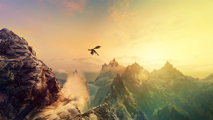 Dragon Skyrim Elder Scrolls Mountains Sunlight HD, videogame, montanhas, luz solar, dragão, skyrim, ancião, pergaminhos, HD papel de parede