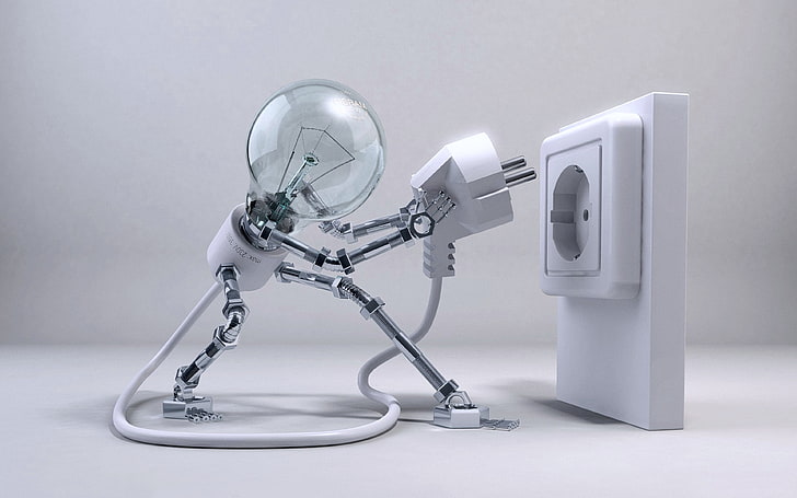 lampadina bianca, elettricità, energia, immaginazione, lampada, umore, spina, potenza, robot, tecnologia, Sfondo HD