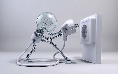 лампочка белого света, электричество, энергия, фантазии, лампа, настроение, вилка, сила, робот, технология, HD обои HD wallpaper