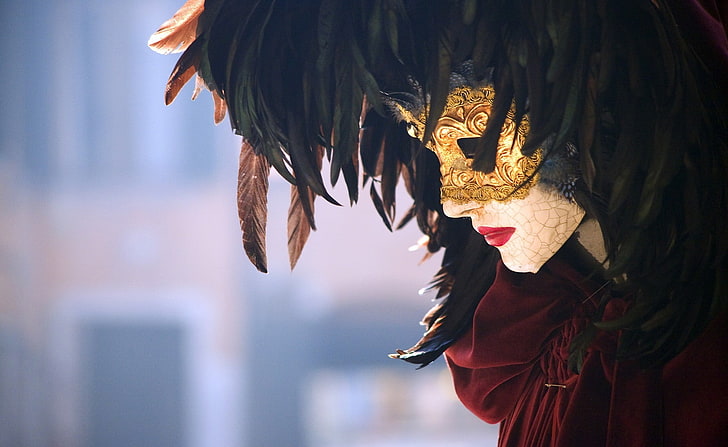 brown masquerade masque, feathers, mask, carnival, Venice, HD wallpaper