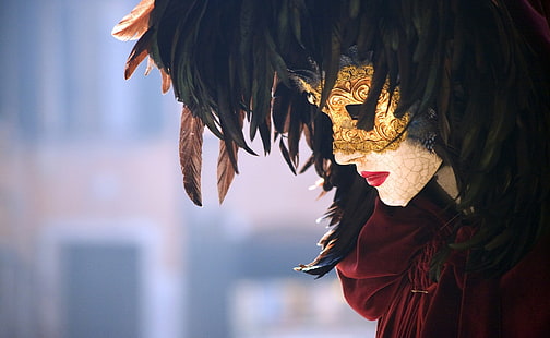 maschera in maschera marrone, piume, maschera, carnevale, Venezia, Sfondo HD HD wallpaper